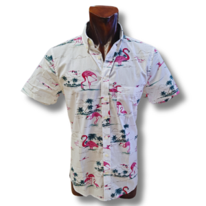 Camisa hawaiana blanca neon flamenco slim fit, comprar online, camisa verano