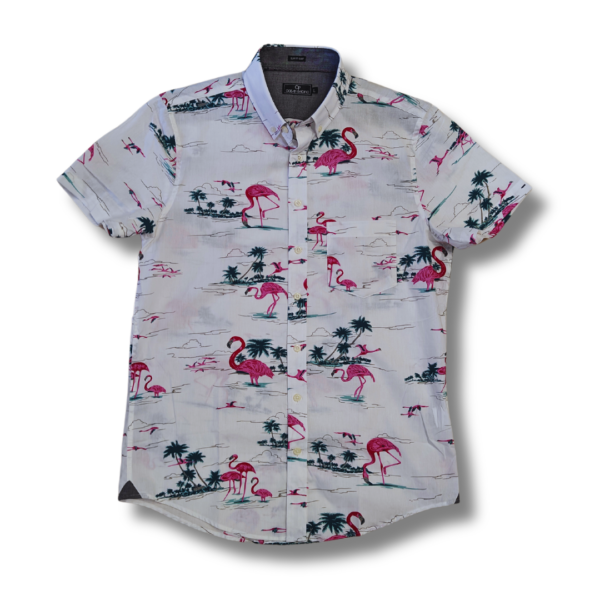 Camisa hawaiana blanca neon flamenco slim fit, comprar online, camisa verano